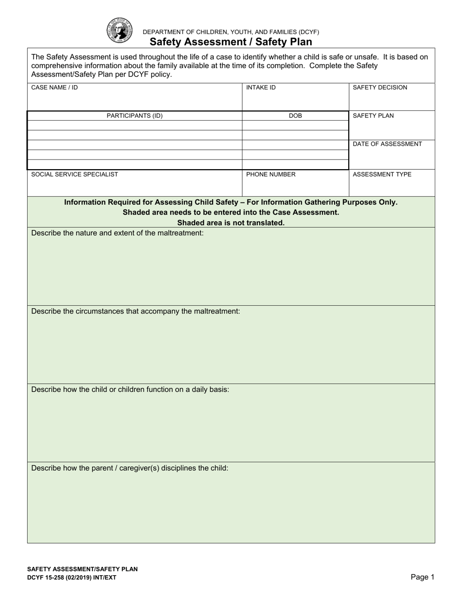 DCYF Form 15-258 Safety Assessment / Safety Plan - Washington, Page 1