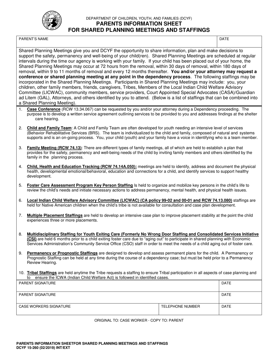 DCYF Form 15-260 Parents Information Sheetfor Shared Planning Meetings and Staffings - Washington, Page 1