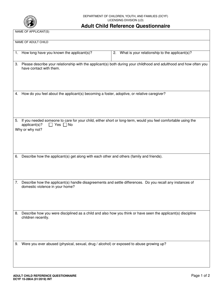 DCYF Form 15-286A Adult Child Reference Questionnaire - Washington, Page 1