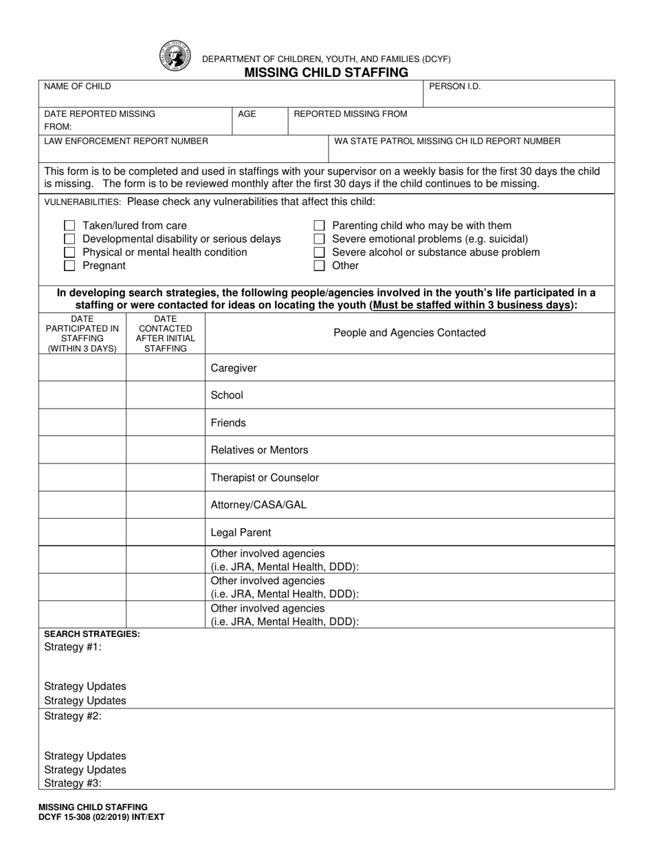 DCYF Form 15-308 Missing Child Staffing - Washington, Page 1