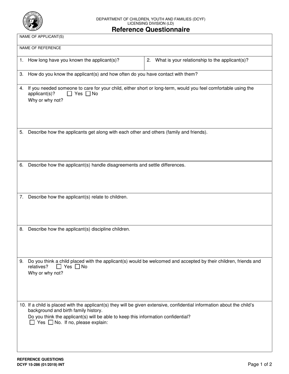 DCYF Form 15-286 Reference Questionnaire - Washington, Page 1