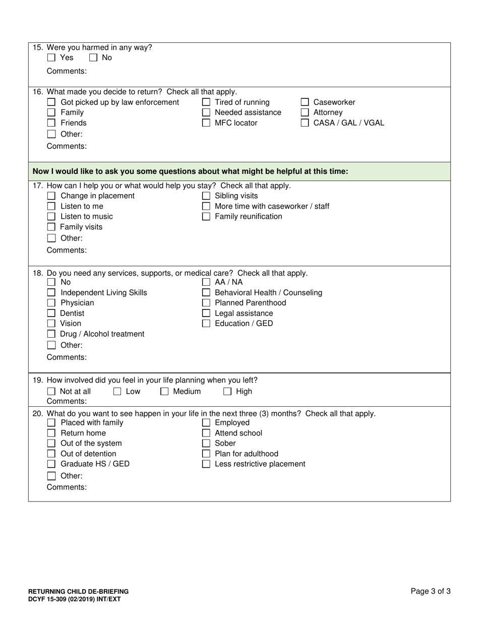 DCYF Form 15-309 Returning Child De-briefing - Washington, Page 3