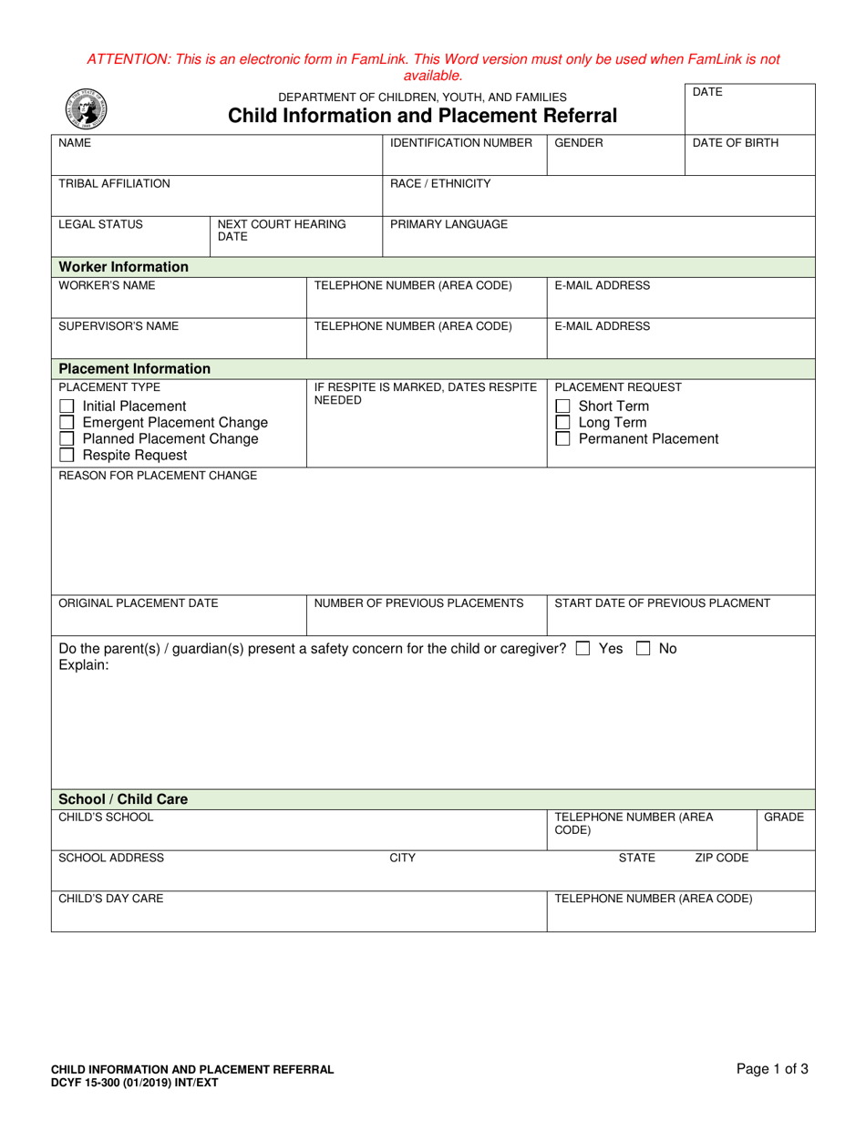 DCYF Form 15-300 Child Information and Placement Referral - Washington, Page 1