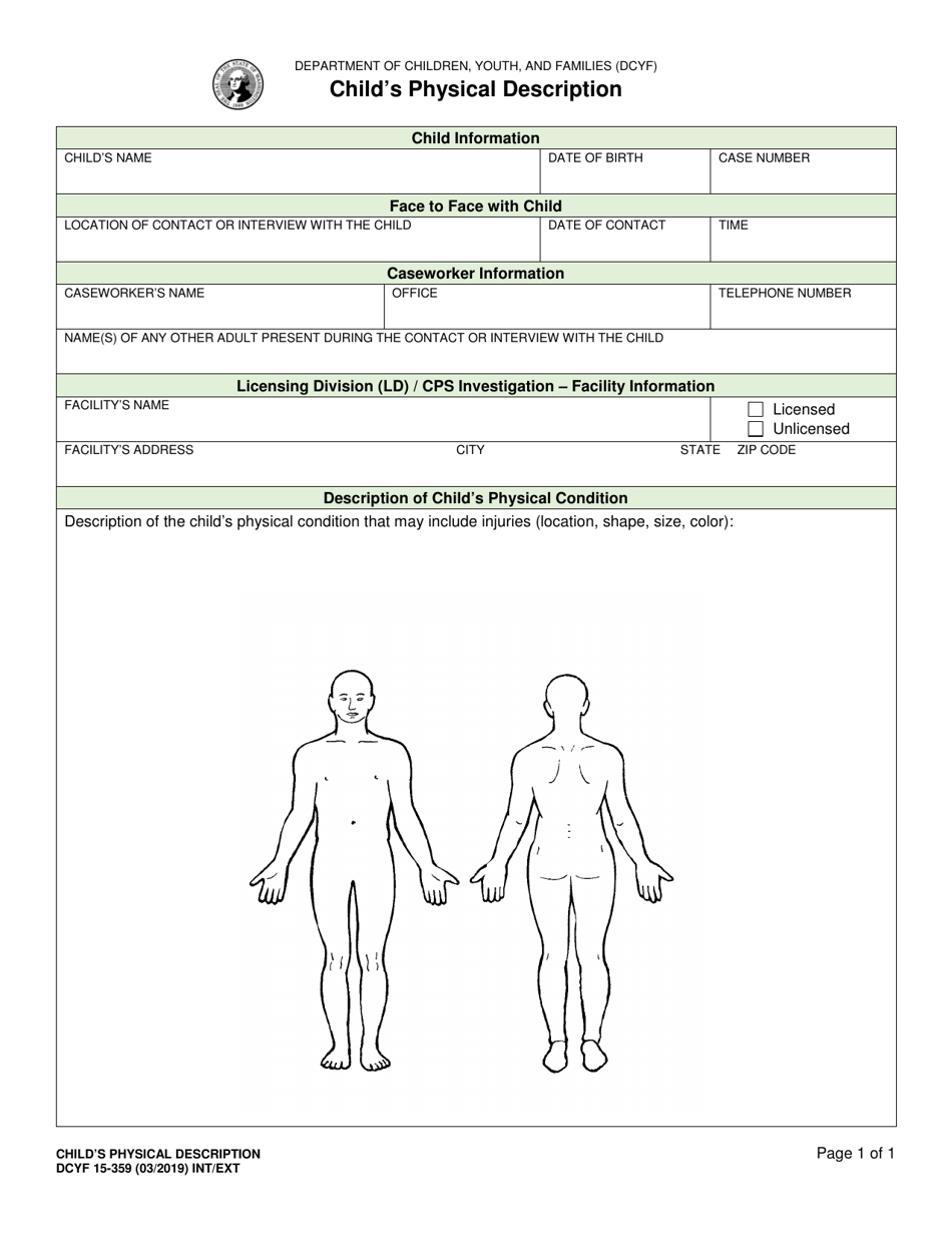 DCYF Form 15-359 Childs Physical Description - Washington, Page 1