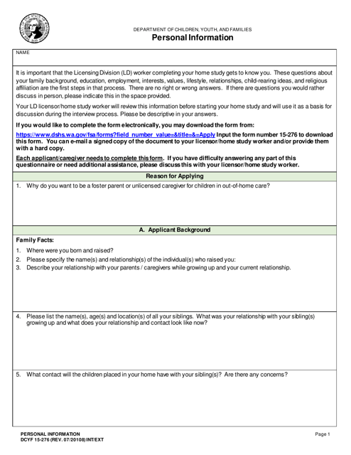 DCYF Form 15-276 Personal Information - Washington
