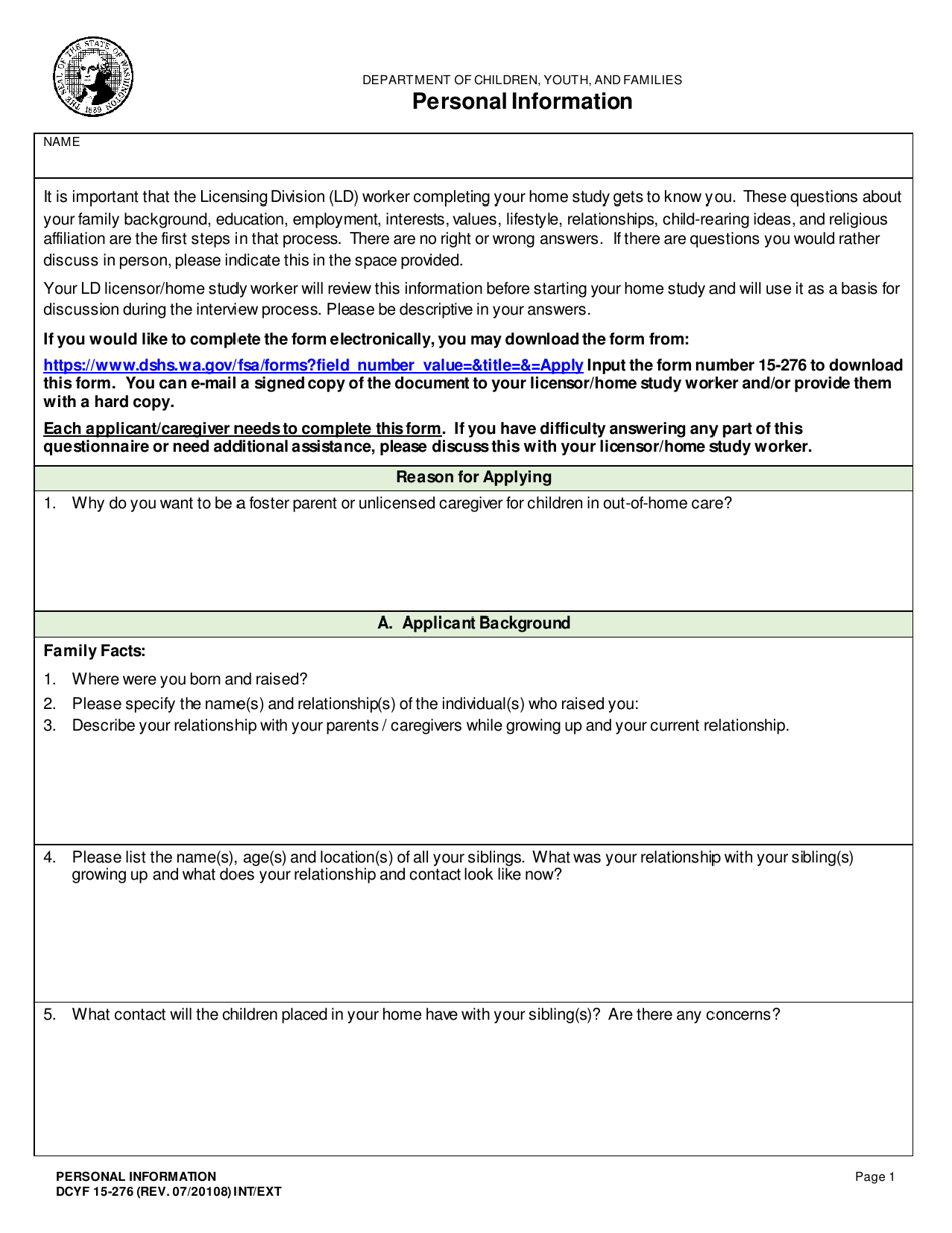 DCYF Form 15-276 Personal Information - Washington, Page 1
