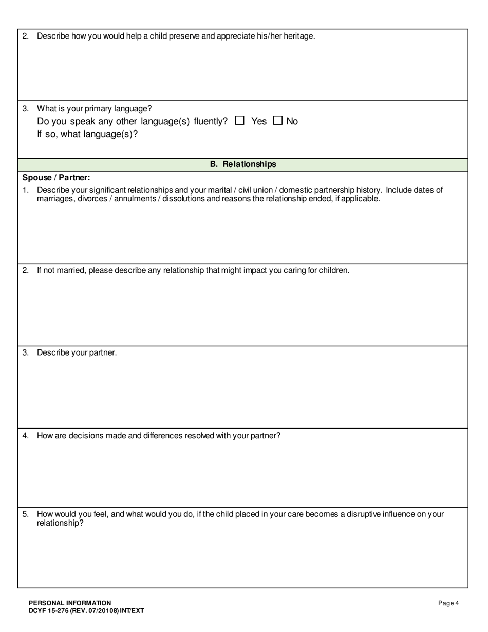 DCYF Form 15-276 Personal Information - Washington, Page 4