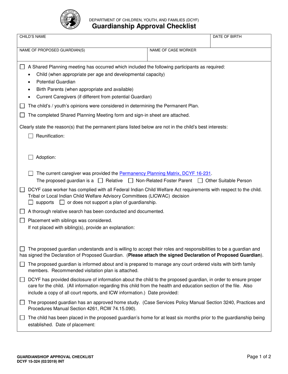 DCYF Form 15-324 Guardianship Approval Checklist - Washington, Page 1