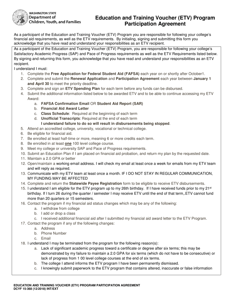 DCYF Form 15-368 Education and Training Voucher (Etv) Program Participation Agreement - Washington, Page 1