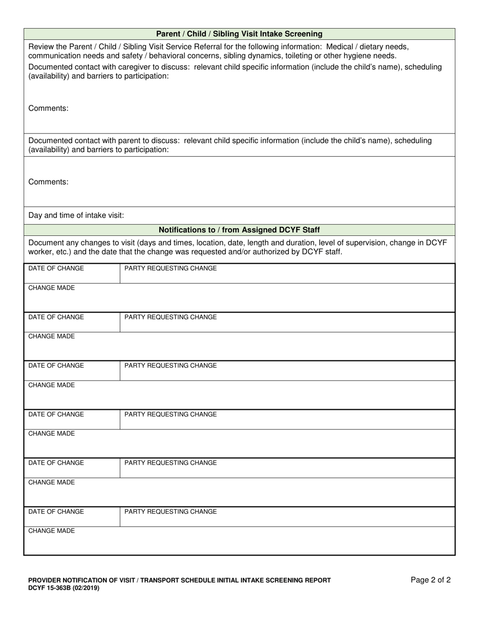 DCYF Form 15-363B Provider Notification of Visit / Transport Schedule Initial Intake Screening Report - Washington, Page 2