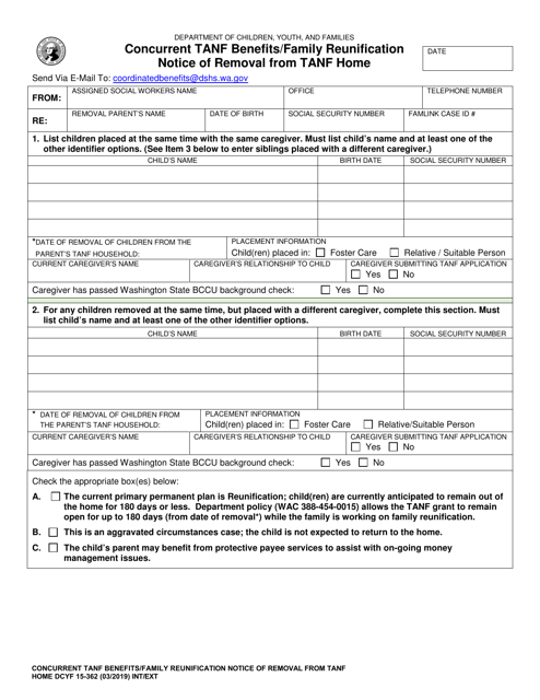 DCYF Form 15-362 Concurrent TANF Benefits/Family Reunification Notice of Removal From TANF Home - Washington