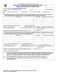 DCYF Form 15-362 Concurrent TANF Benefits/Family Reunification Notice of Removal From TANF Home - Washington