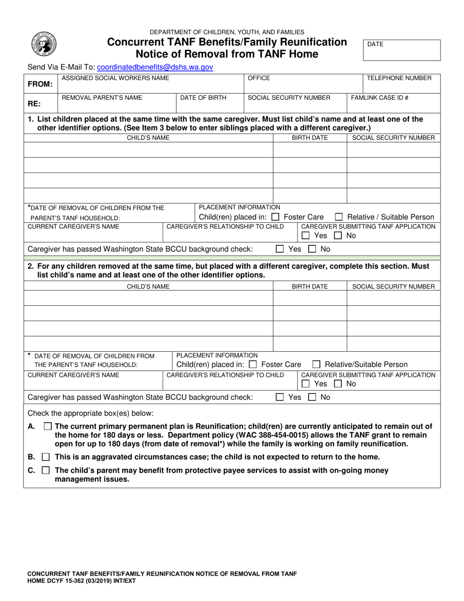 DCYF Form 15-362 Concurrent TANF Benefits / Family Reunification Notice of Removal From TANF Home - Washington, Page 1