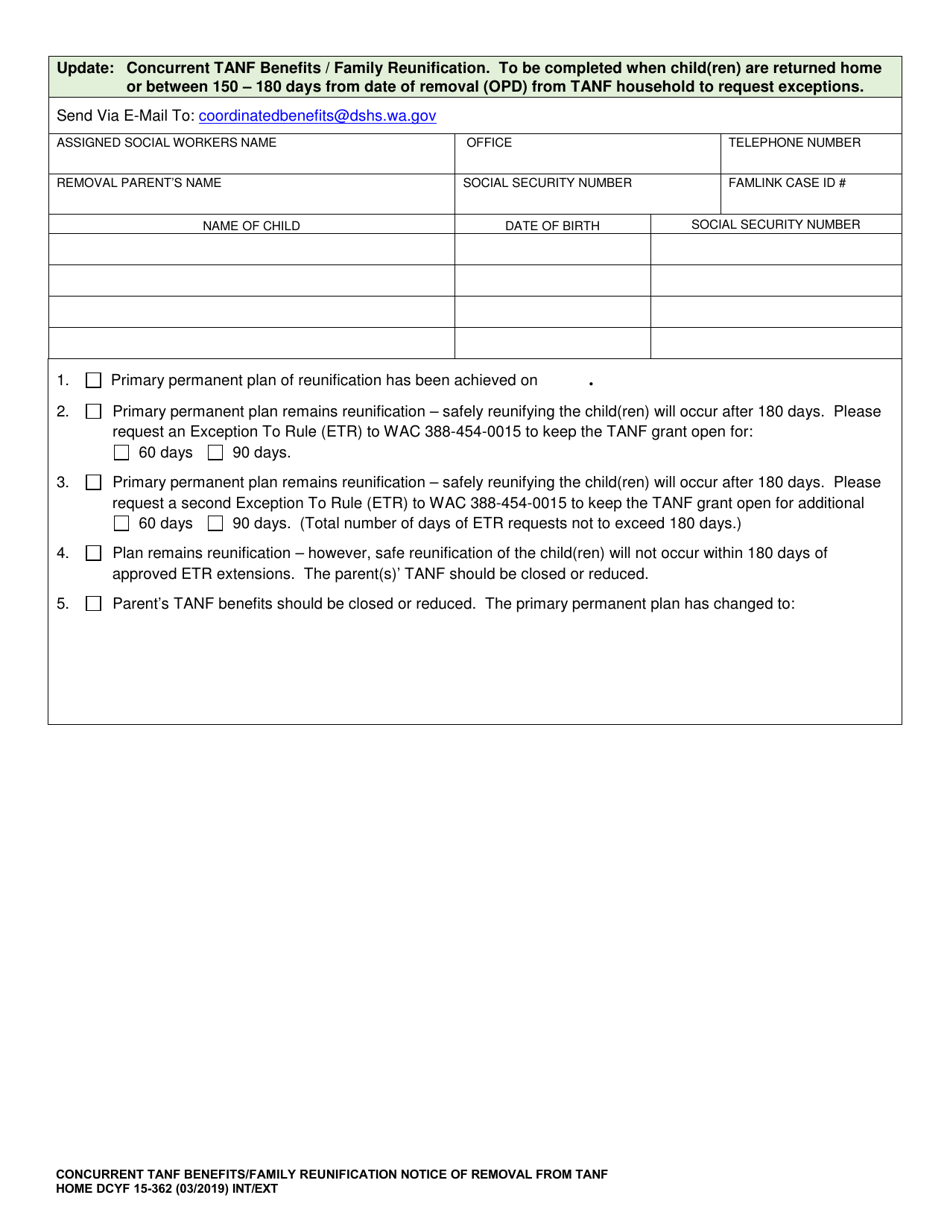 DCYF Form 15-362 Concurrent TANF Benefits / Family Reunification Notice of Removal From TANF Home - Washington, Page 2
