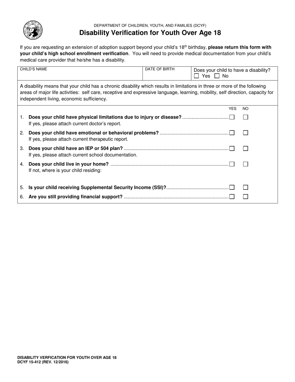 DCYF Form 15-412 Disability Verification for Youth Over Age 18 - Washington, Page 1