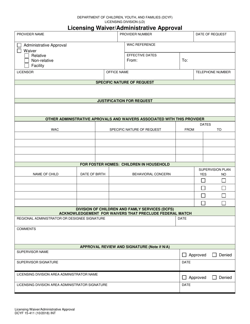 DCYF Form 15-411 Licensing Waiver / Administrative Approval - Washington, Page 1