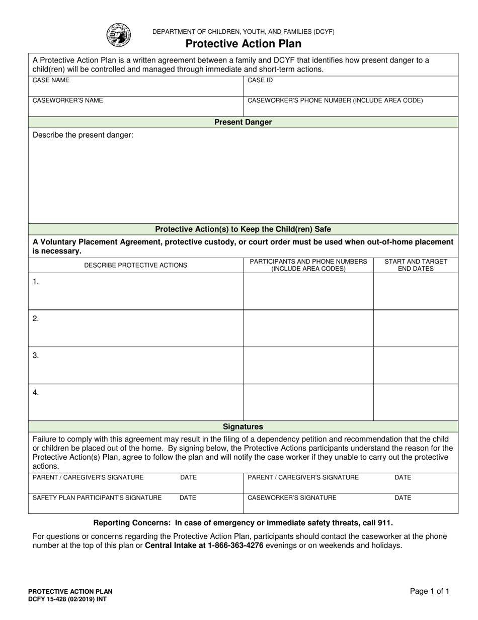 DCYF Form 15-428 Protective Action Plan - Washington, Page 1