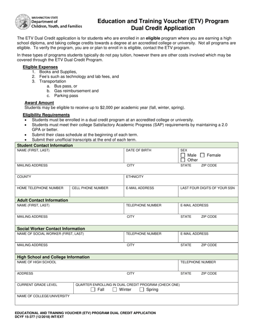 DCYF Form 15-377 Education and Training Voucher (Etv) Program Dual Credit Application - Washington