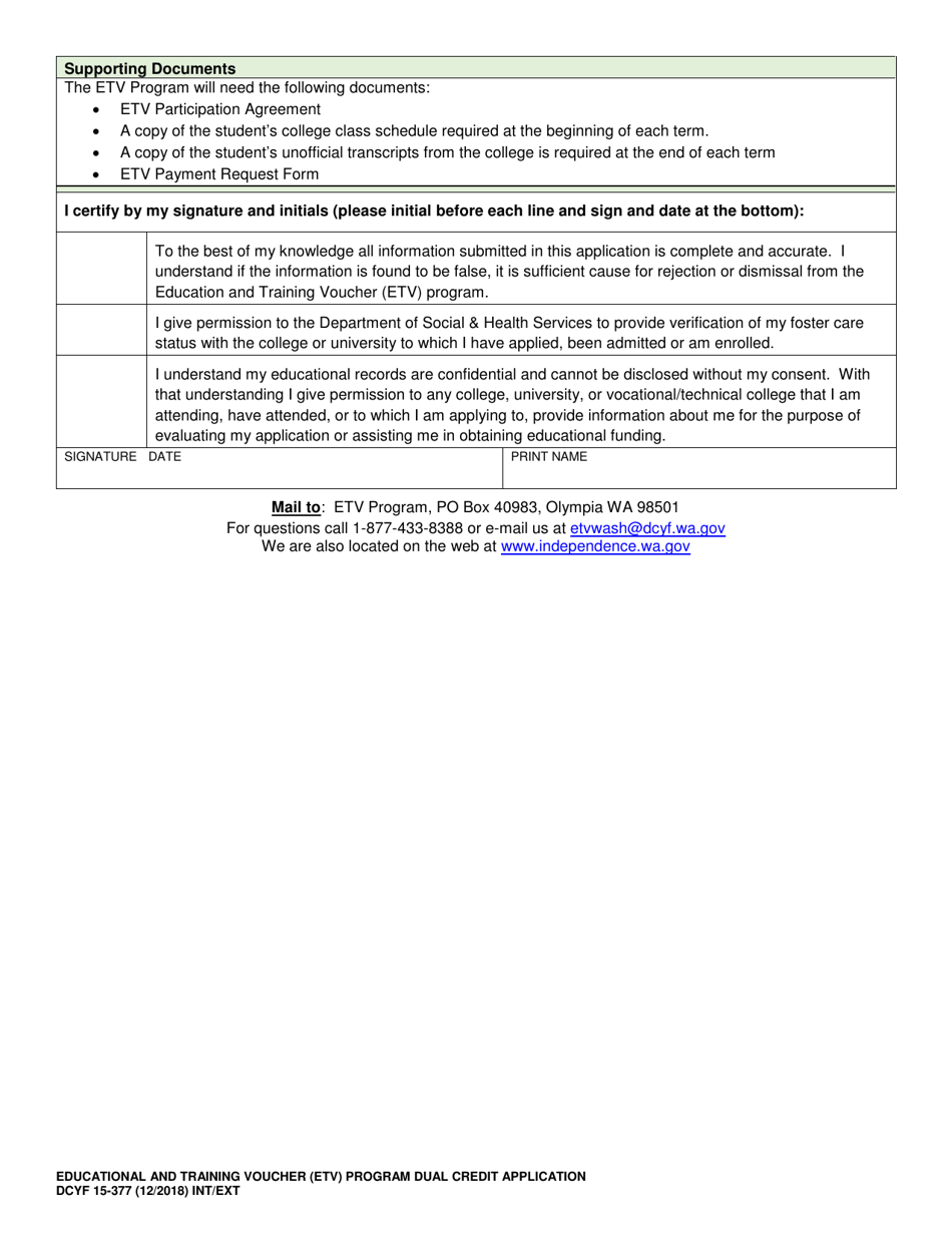 DCYF Form 15-377 Education and Training Voucher (Etv) Program Dual Credit Application - Washington, Page 2