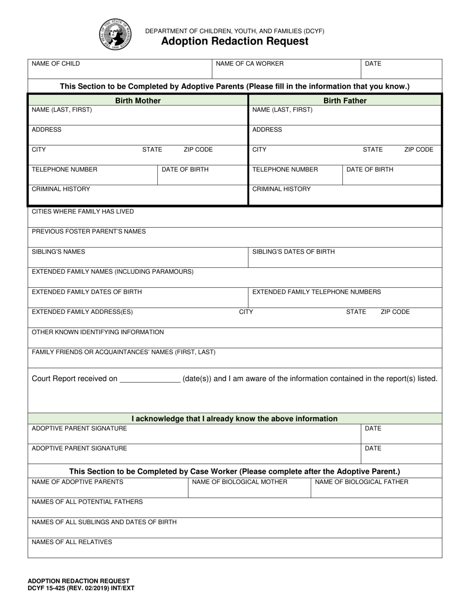 DCYF Form 15-425 Adoption Redaction Request - Washington, Page 1