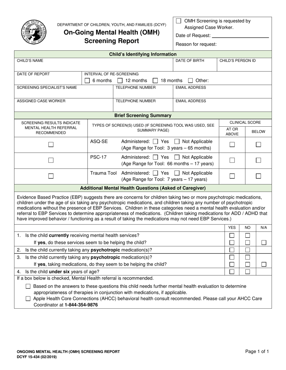 DCYF Form 15-434 On-Going Mental Health (Omh) Screening Report - Washington, Page 1