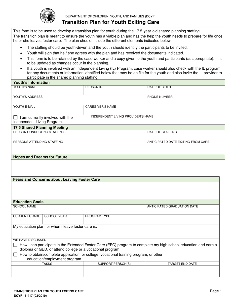 DCYF Form 15-417 Transition Plan for Youth Exiting Care - Washington, Page 1