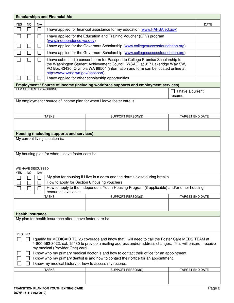DCYF Form 15-417 Transition Plan for Youth Exiting Care - Washington, Page 2