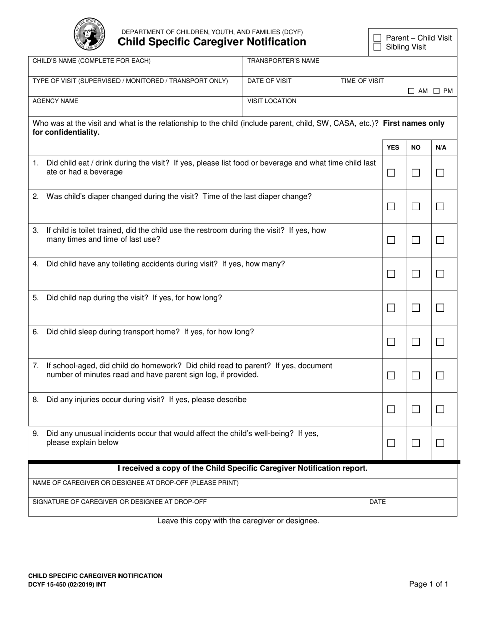 DCYF Form 15-450 Child Specific Caregiver Notification - Washington, Page 1