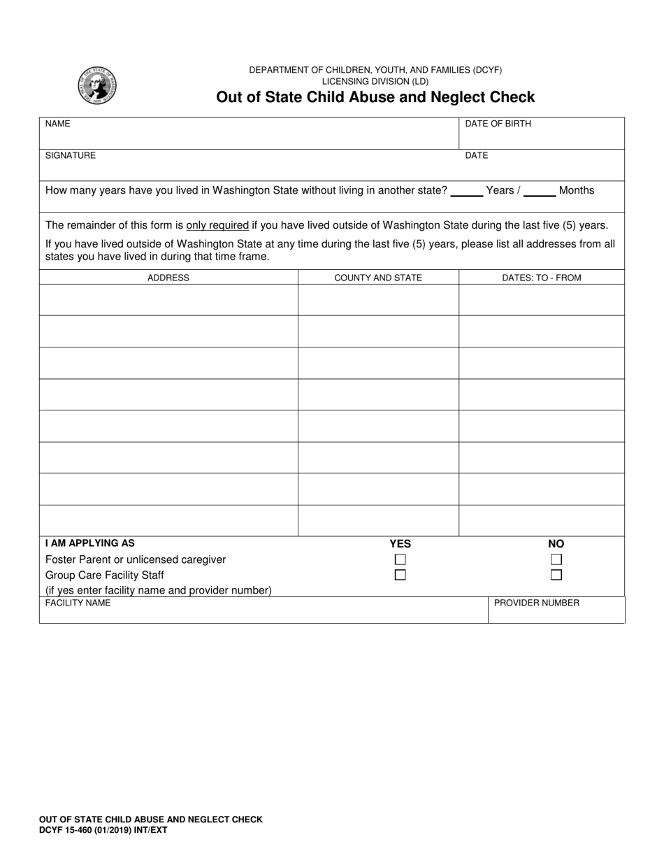 DCYF Form 15-460 Out of State Child Abuse and Neglect Check - Washington, Page 1