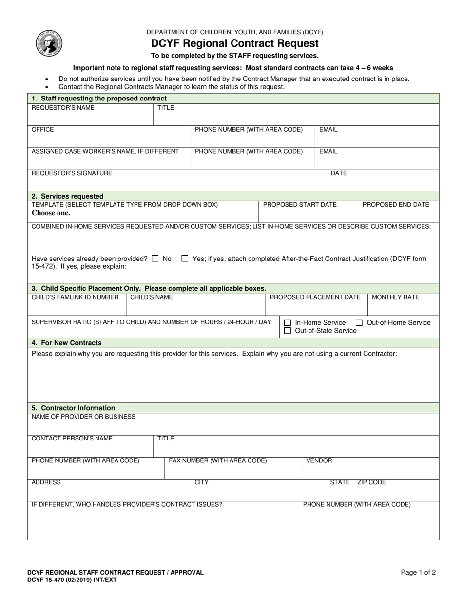 DCYF Form 15-470 Dcyf Regional Contract Request - Washington, Page 1