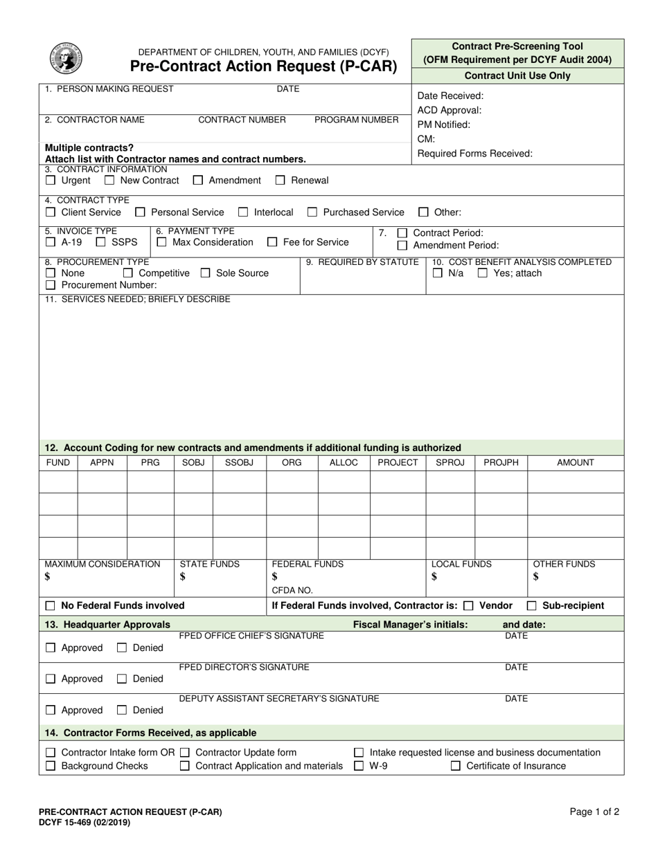 DCYF Form 15-469 Pre-contract Action Request (P-Car) - Washington, Page 1