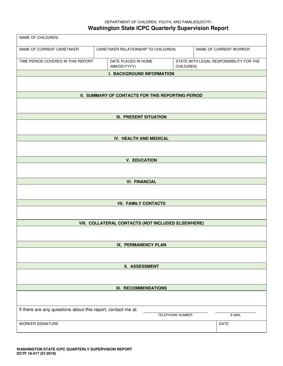 DCYF Form 16-217 Washington State Icpc Quarterly Supervision Report - Washington, Page 1