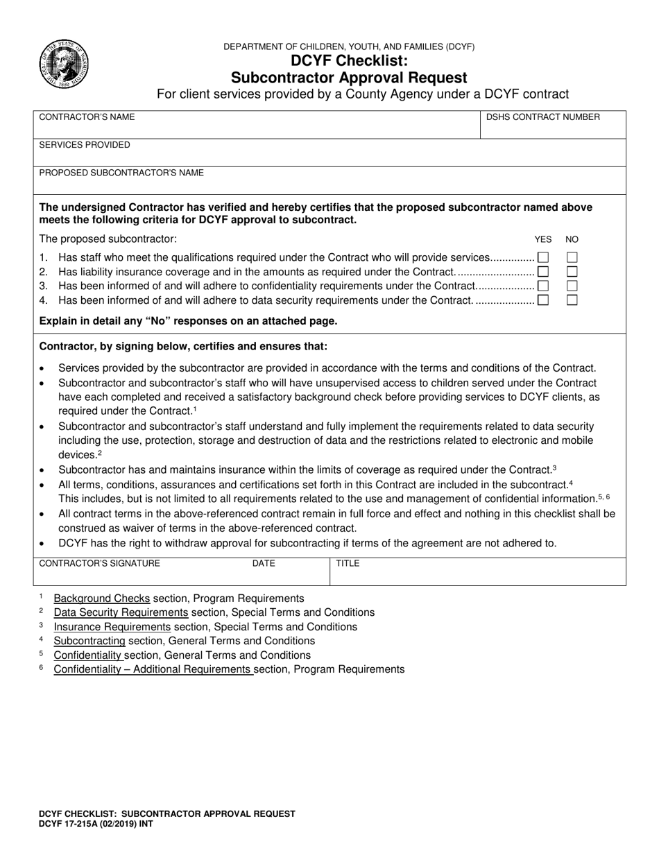 DCYF Form 17-215A Dcyf Checklist: Subcontractor Approval Request - Washington, Page 1