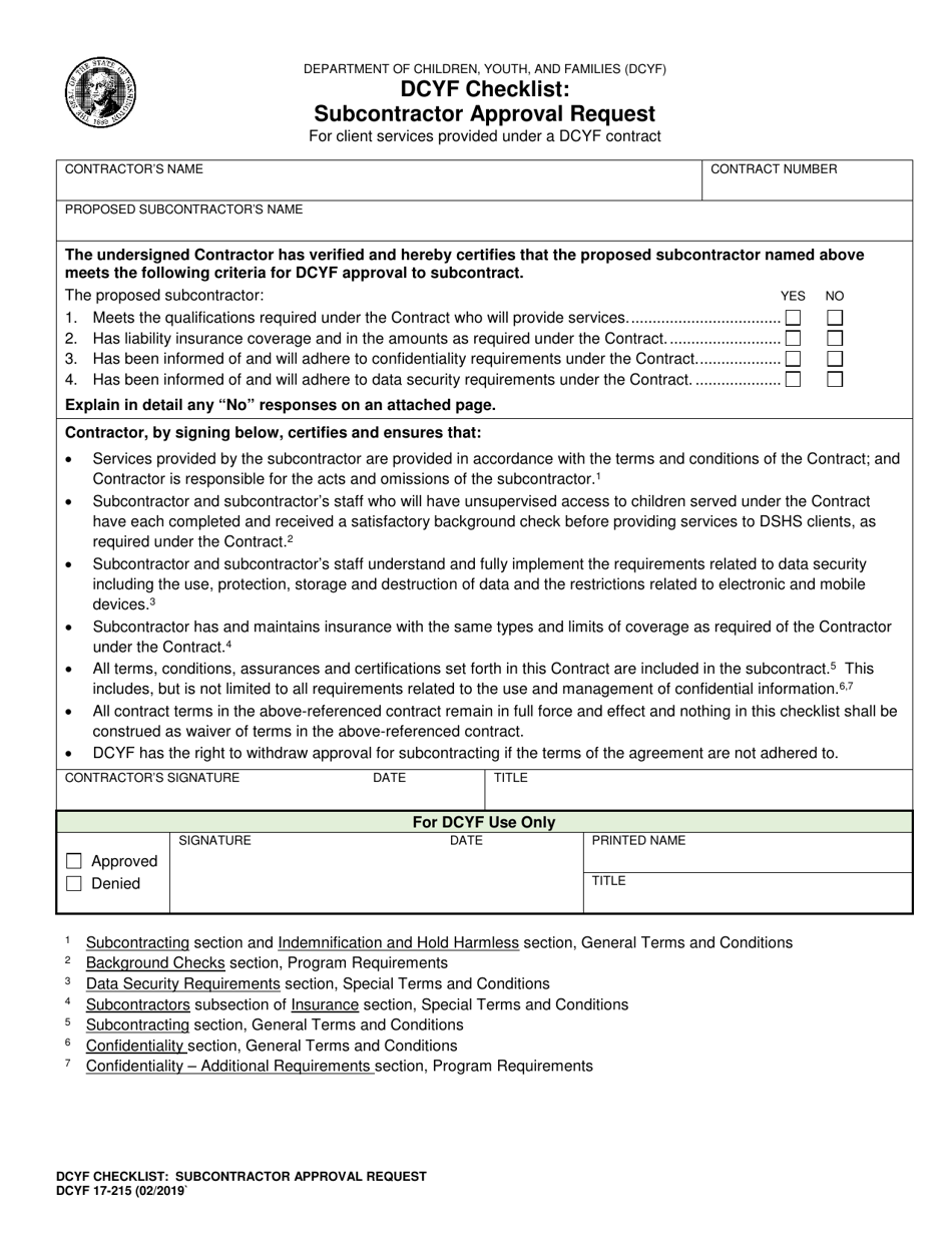 DCYF Form 17-215 Dcyf Checklist: Subcontractor Approval Request - Washington, Page 1