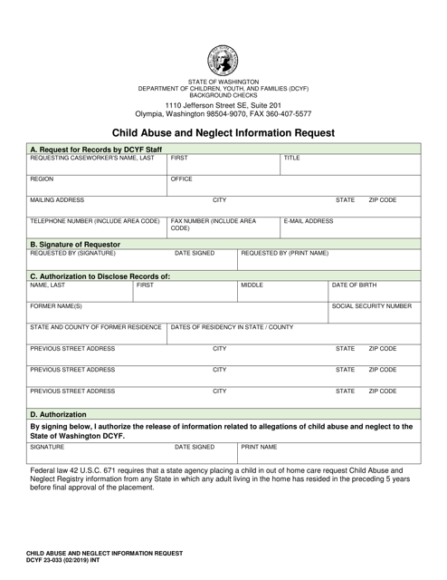 DCYF Form 23-033 Child Abuse and Neglect Information Request - Washington