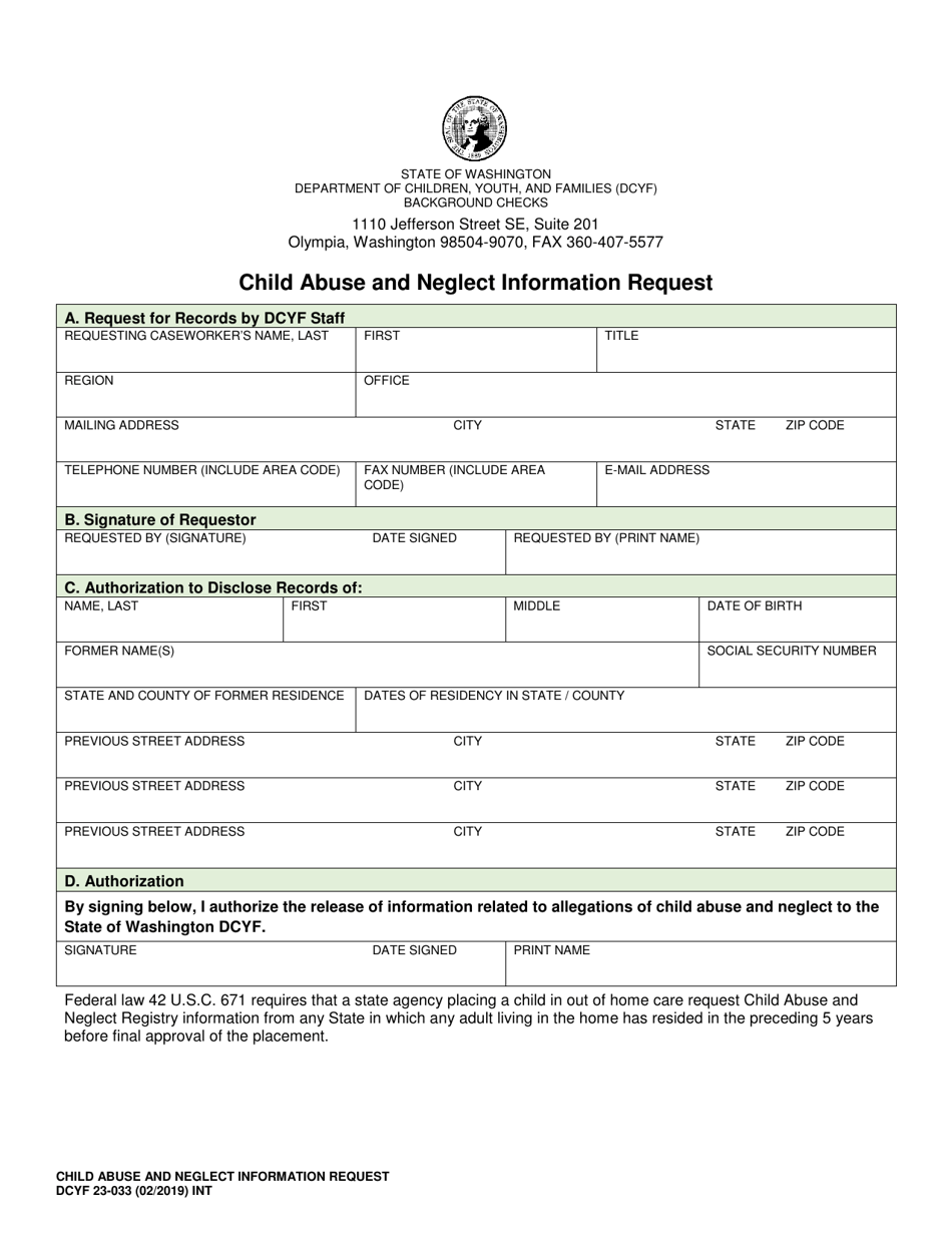 DCYF Form 23-033 Child Abuse and Neglect Information Request - Washington, Page 1