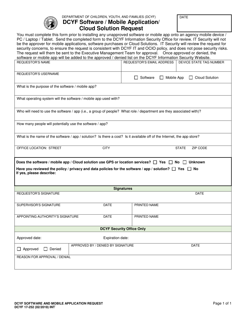 DCYF Form 17-252 Dcyf Software / Mobile Application / Cloud Solution Request - Washington, Page 1
