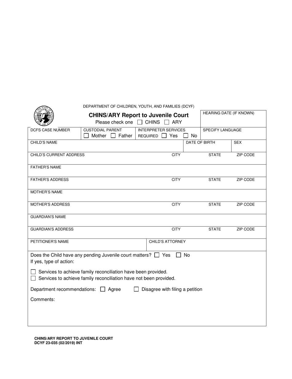 DCYF Form 23-035 Chins / Ary Report to Juvenile Court - Washington, Page 1