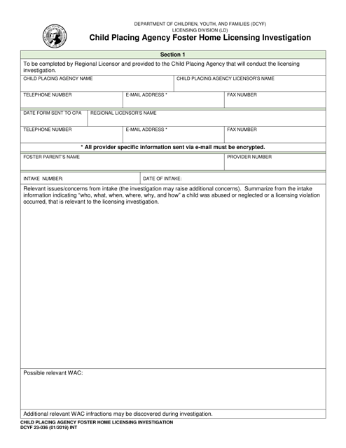 DCYF Form 23-036 Child Placing Agency Foster Home Licensing Investigation - Washington