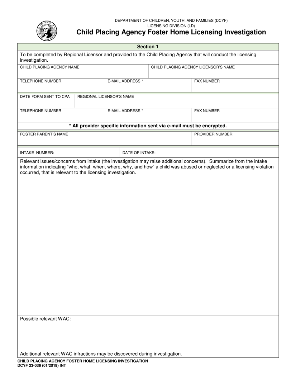 DCYF Form 23036 Fill Out, Sign Online and Download Fillable PDF