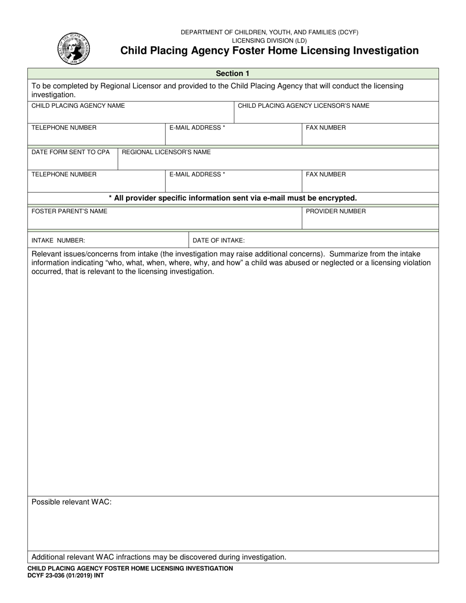 DCYF Form 23-036 Child Placing Agency Foster Home Licensing Investigation - Washington, Page 1
