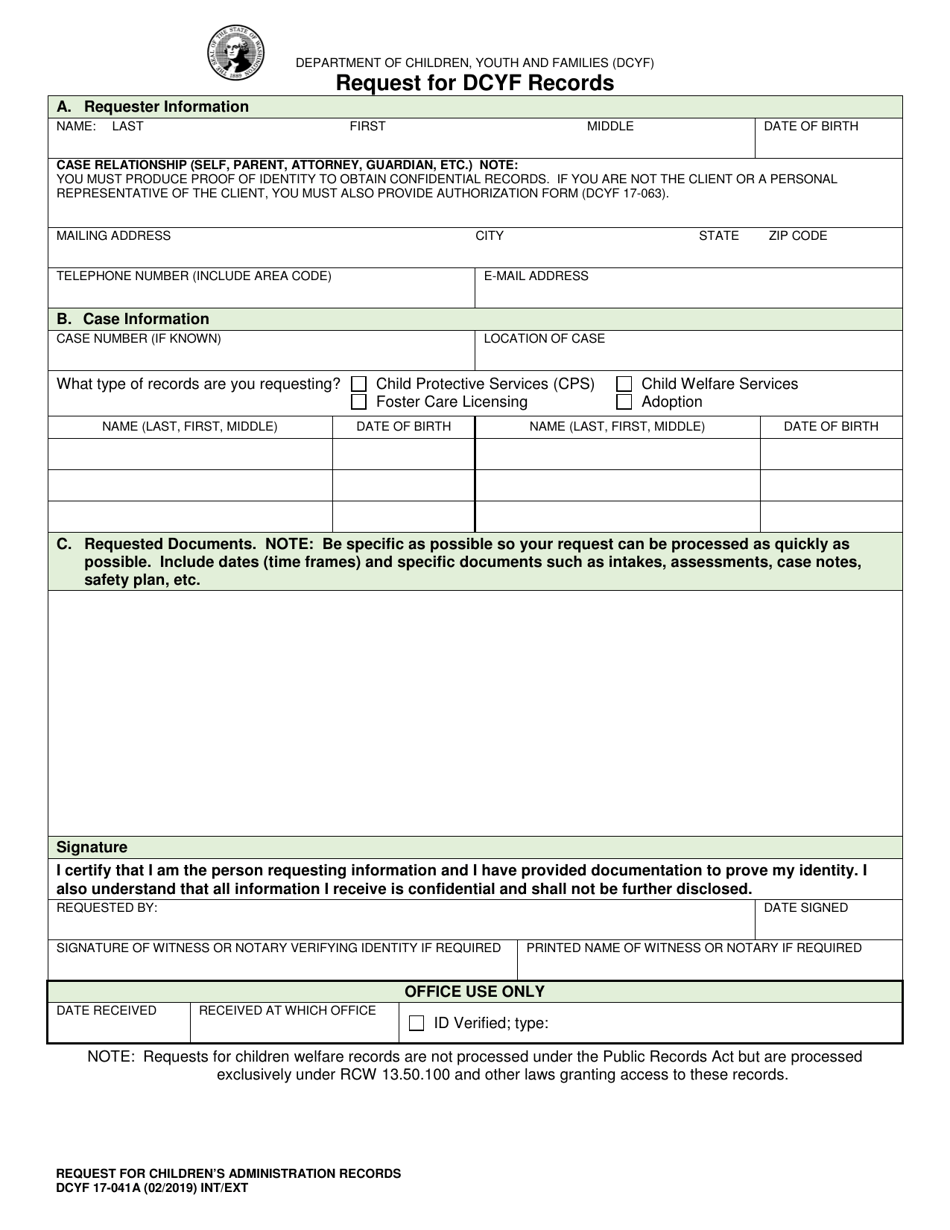 DCYF Form 17041A Fill Out, Sign Online and Download Fillable PDF