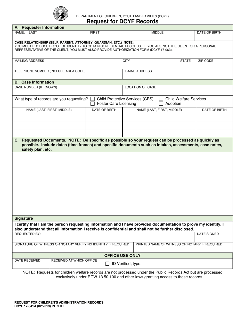DCYF Form 17-041A Request for Dcyf Records - Washington, Page 1