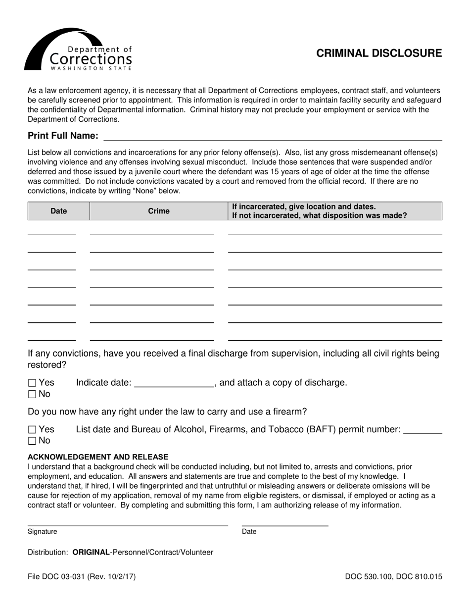 Form DOC03-031 Criminal Disclosure - Washington, Page 1