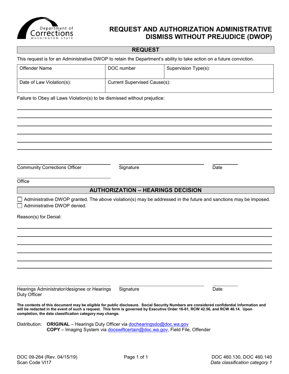Form DOC09-264 Request and Authorization Administrative - Dismiss Without Prejudice (Dwop) - Washington, Page 1