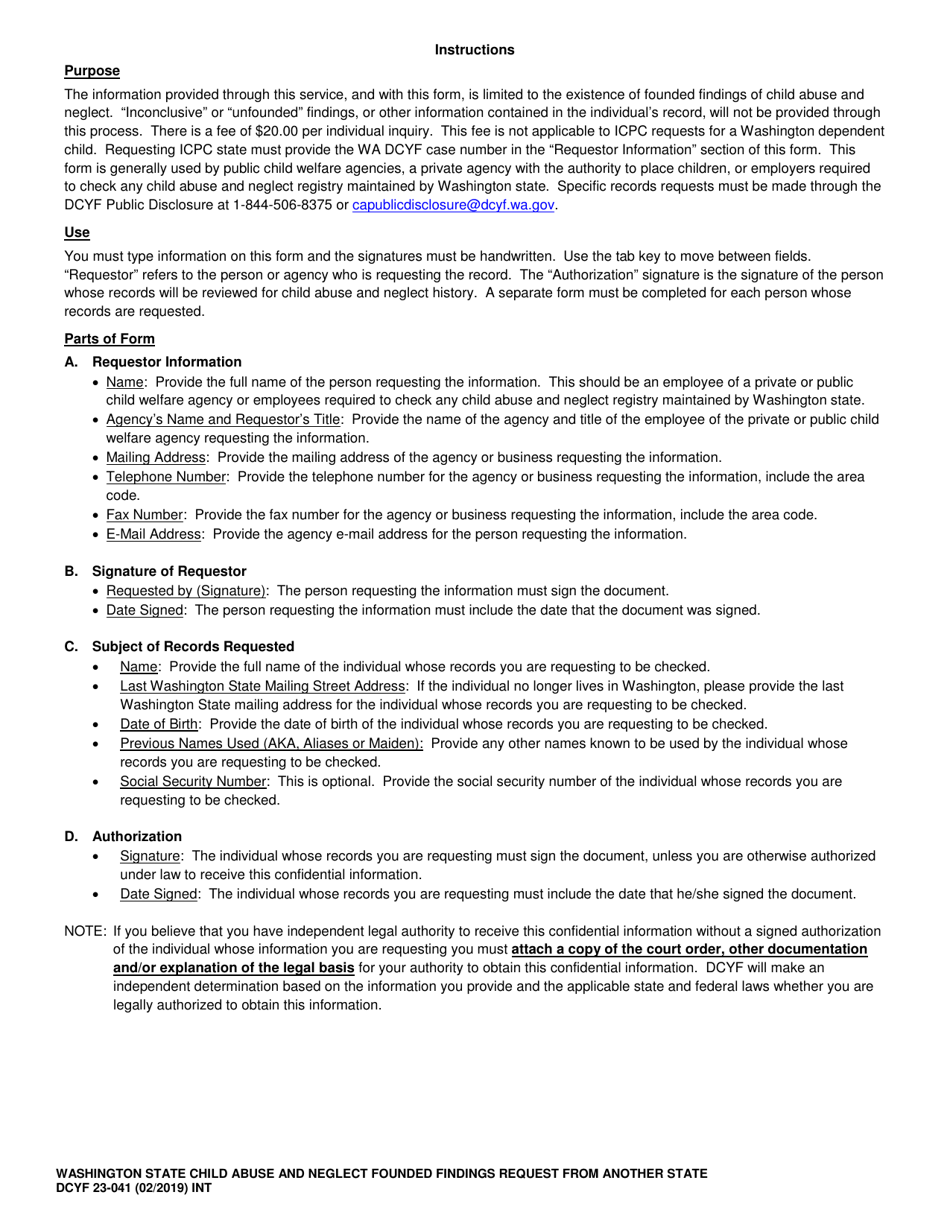 DCYF Form 23-041 Washington State Child Abuse and Neglect Founded Findings Request From Another State - Washington, Page 2
