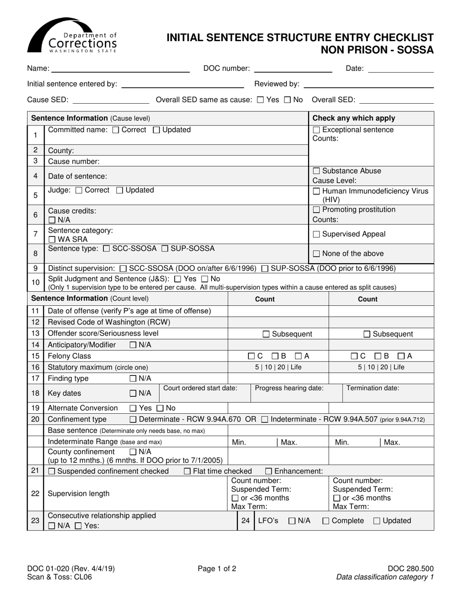 Form DOC01-020 Initial Sentence Structure Entry Checklist - Non Prison Sossa - Washington, Page 1