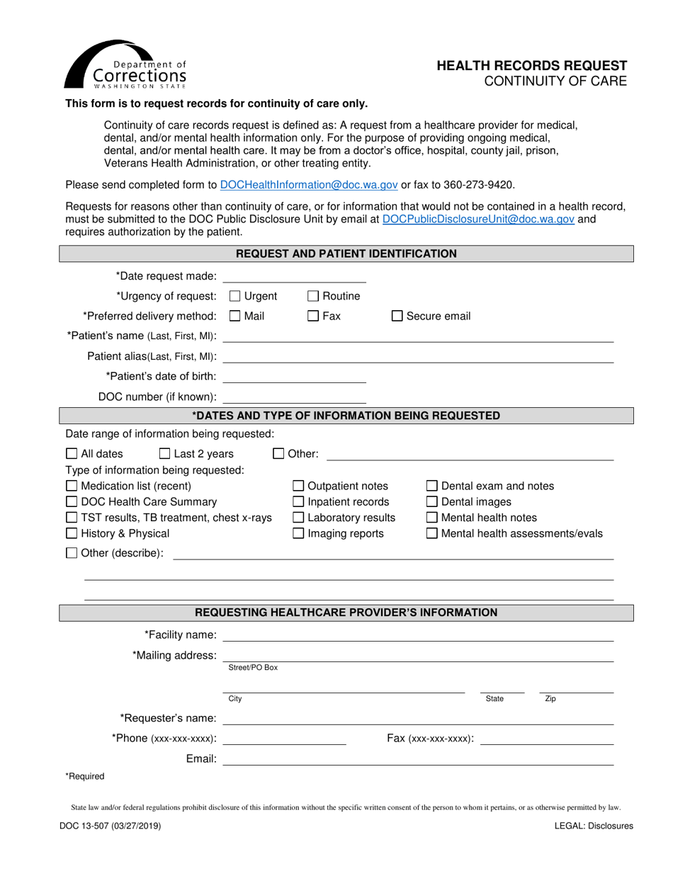Form DOC13-507 Health Records Request - Continuity of Care - Washington, Page 1