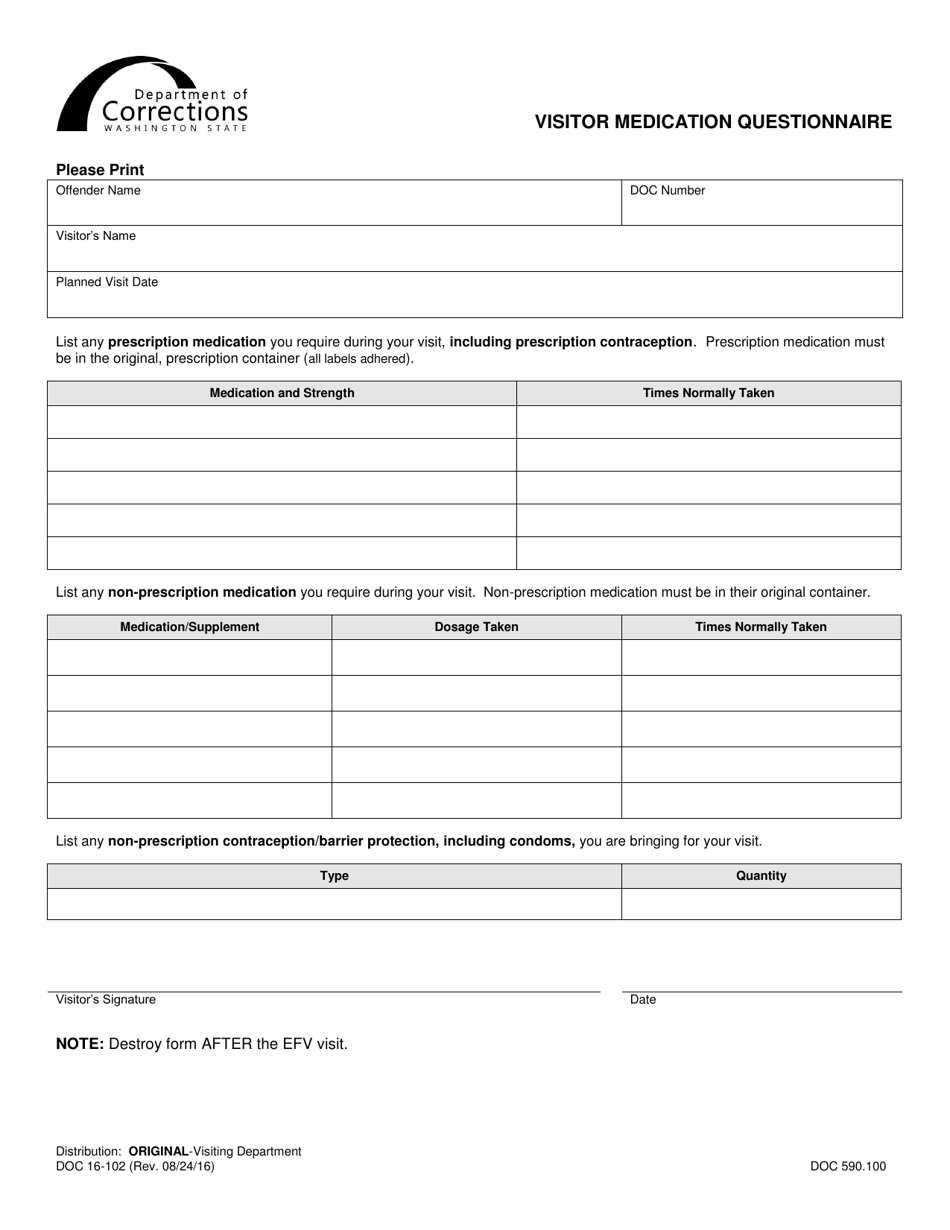 Form DOC16-102 Visitor Medication Questionnaire - Washington, Page 1