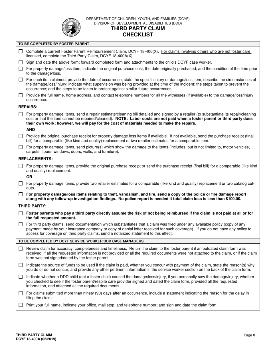 DCYF Form 18-400A Third Party Claim Checklist - Washington, Page 1